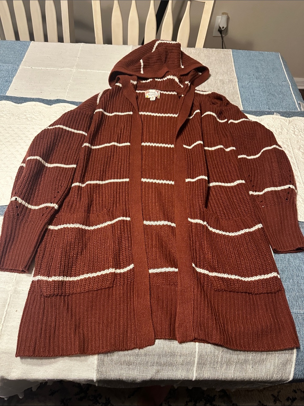 Pink Republic Rust Brown and Cream Hooded Knit Cardigan